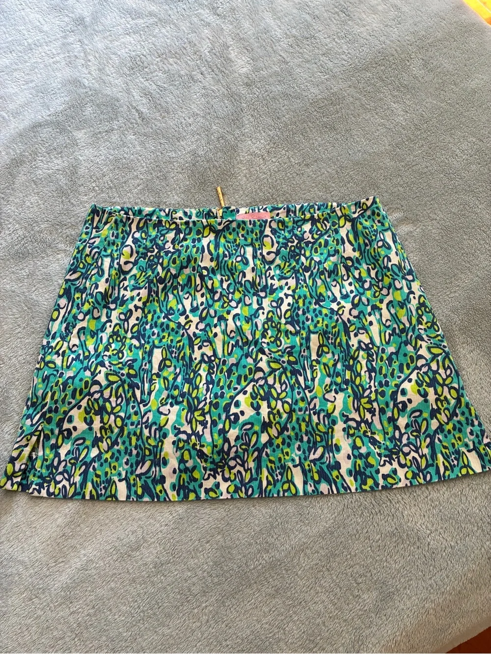 Lilly Pulitzer Mini Skirt in Teal, Green, Navy Print with cotton shorts beneath